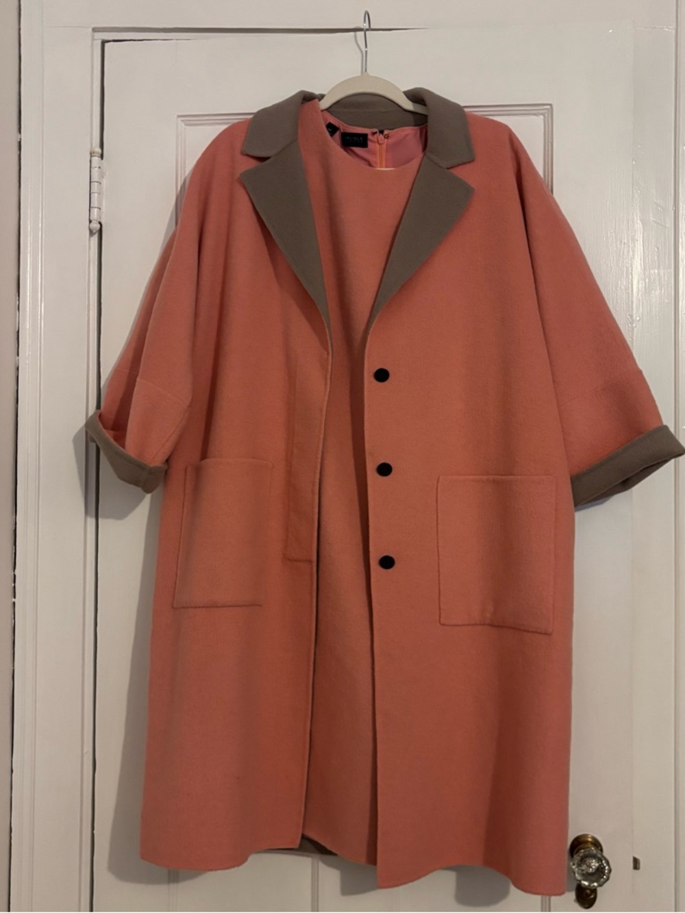 NWT Carlisle “Discreet” Coat Dress – Coral & Taupe | Size 12 | Luxe Minimalist